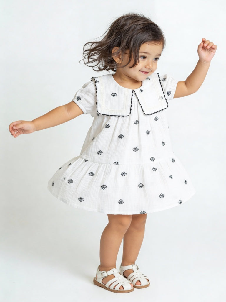 HOP Baby Girls White Shell Detailed A-Line Cotton Dress