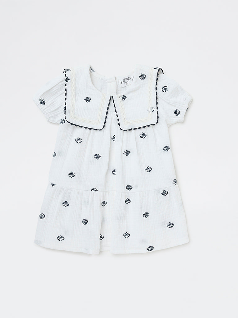 HOP Baby Girls White Shell Detailed A-Line Cotton Dress
