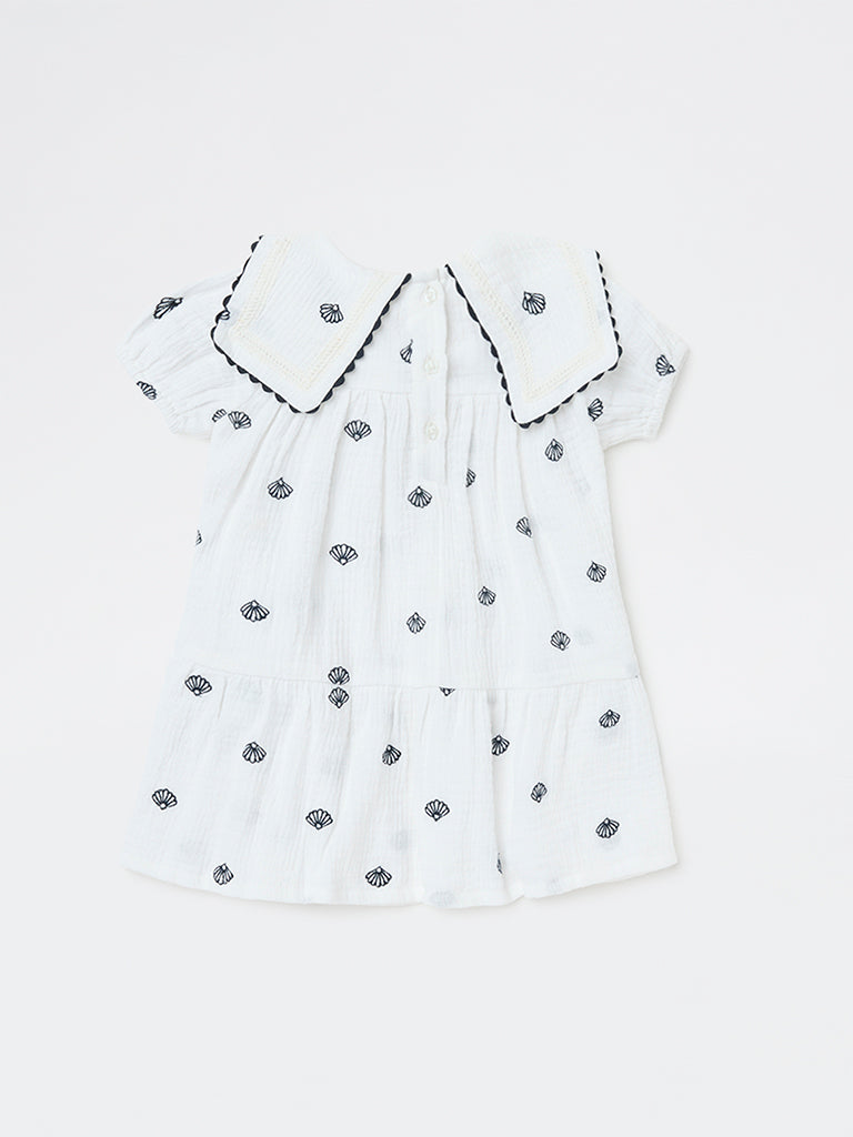 HOP Baby Girls White Shell Detailed A-Line Cotton Dress