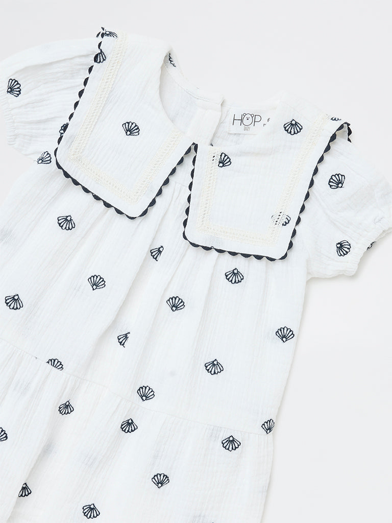 HOP Baby Girls White Shell Detailed A-Line Cotton Dress