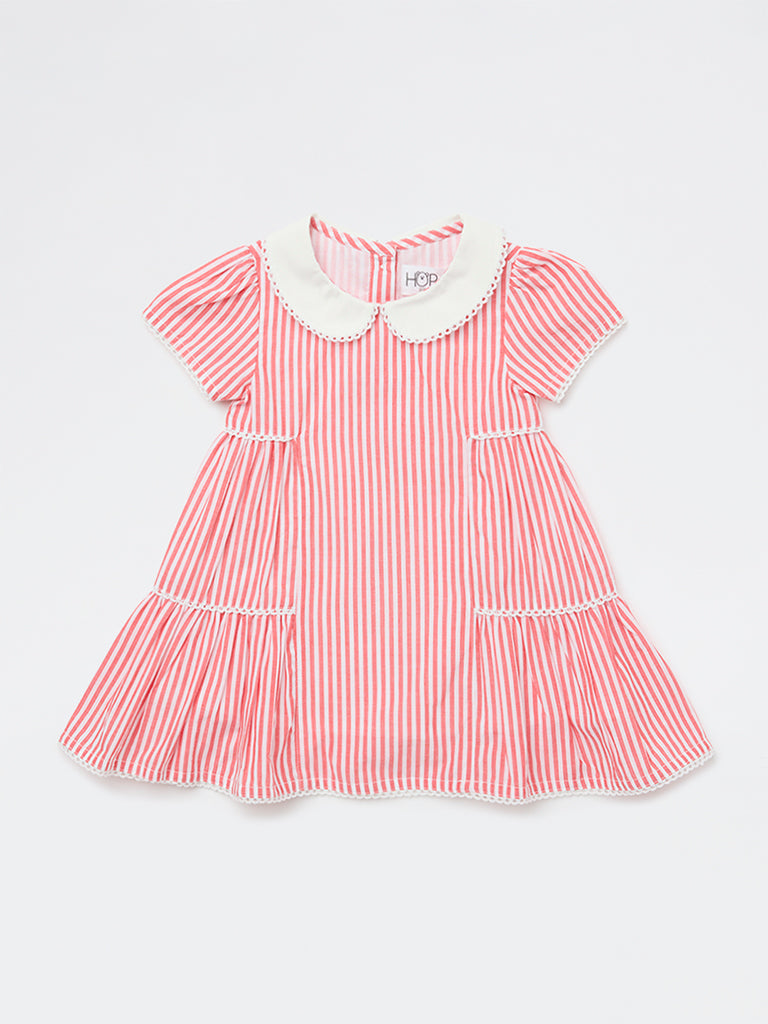 HOP Baby Girls Red Striped Tiered Cotton Dress