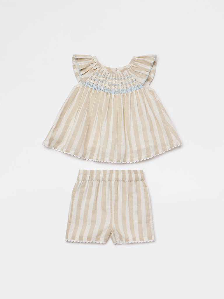 HOP Baby Girls Beige Striped Cotton A-Line Dress and Shorts Set