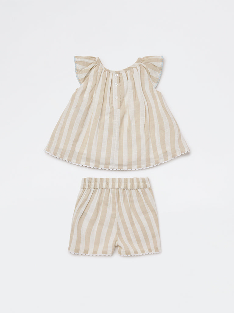 HOP Baby Girls Beige Striped Cotton A-Line Dress and Shorts Set