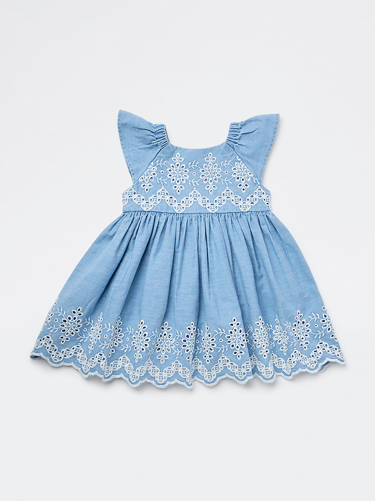 HOP Baby Girls Blue Embroidered Fit-and-Flare Denim Dress