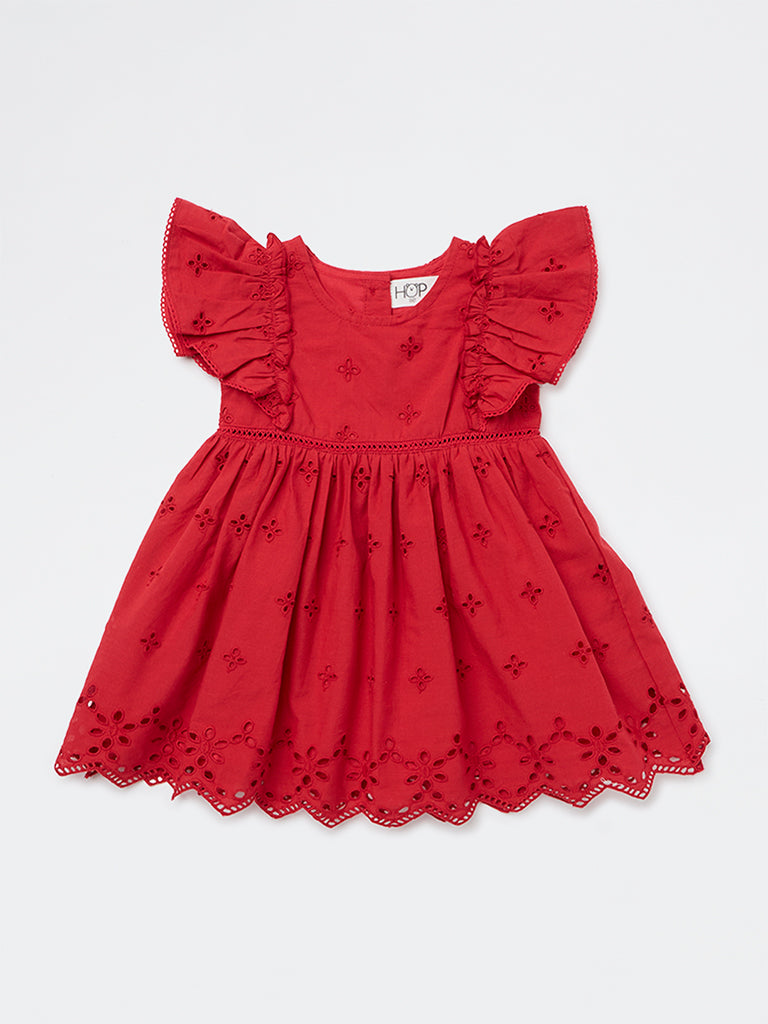 HOP Baby Girls Red Schiffli Embroidered Cotton A-Line Dress