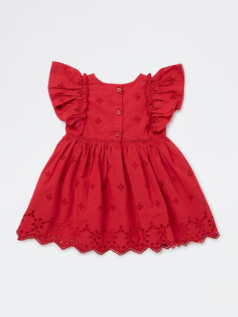 HOP Baby Girls Red Schiffli Embroidered Cotton A-Line Dress