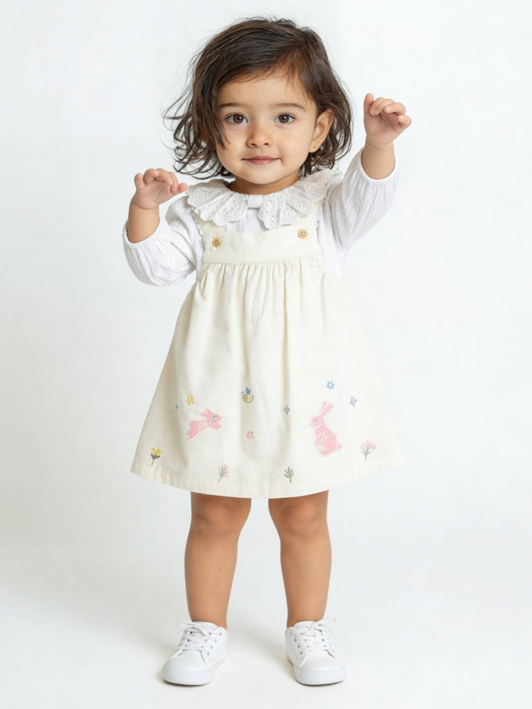 HOP Baby Girls White Floral Embroidered Cotton A-Line Dress