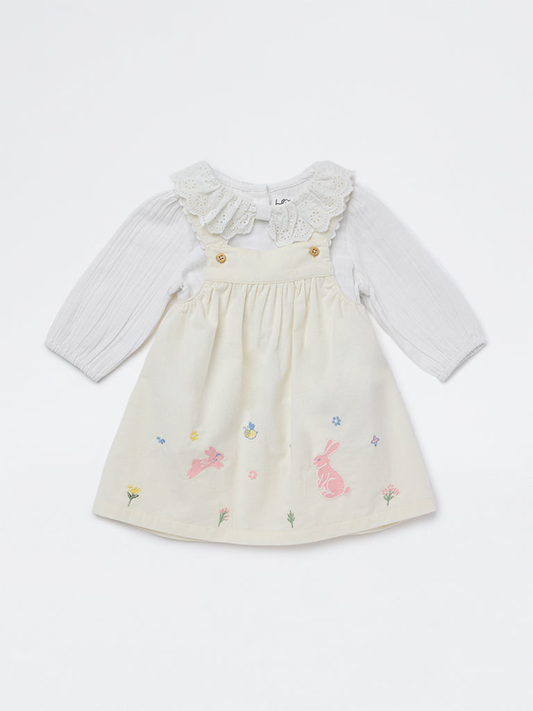 HOP Baby Girls White Floral Embroidered Cotton A-Line Dress