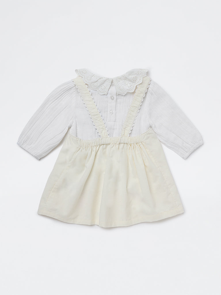 HOP Baby Girls White Floral Embroidered Cotton A-Line Dress