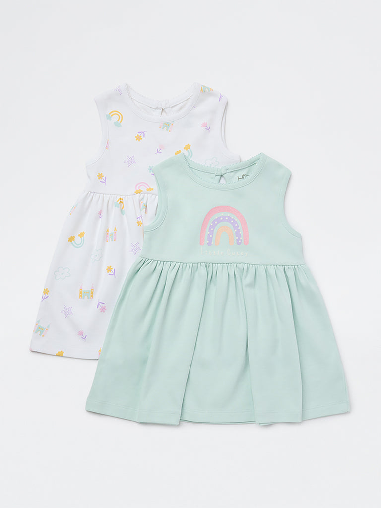 HOP Baby Girls Multicolour Printed A-Line Cotton Dress - Pack of 2