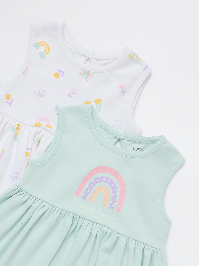 HOP Baby Girls Multicolour Printed A-Line Cotton Dress - Pack of 2