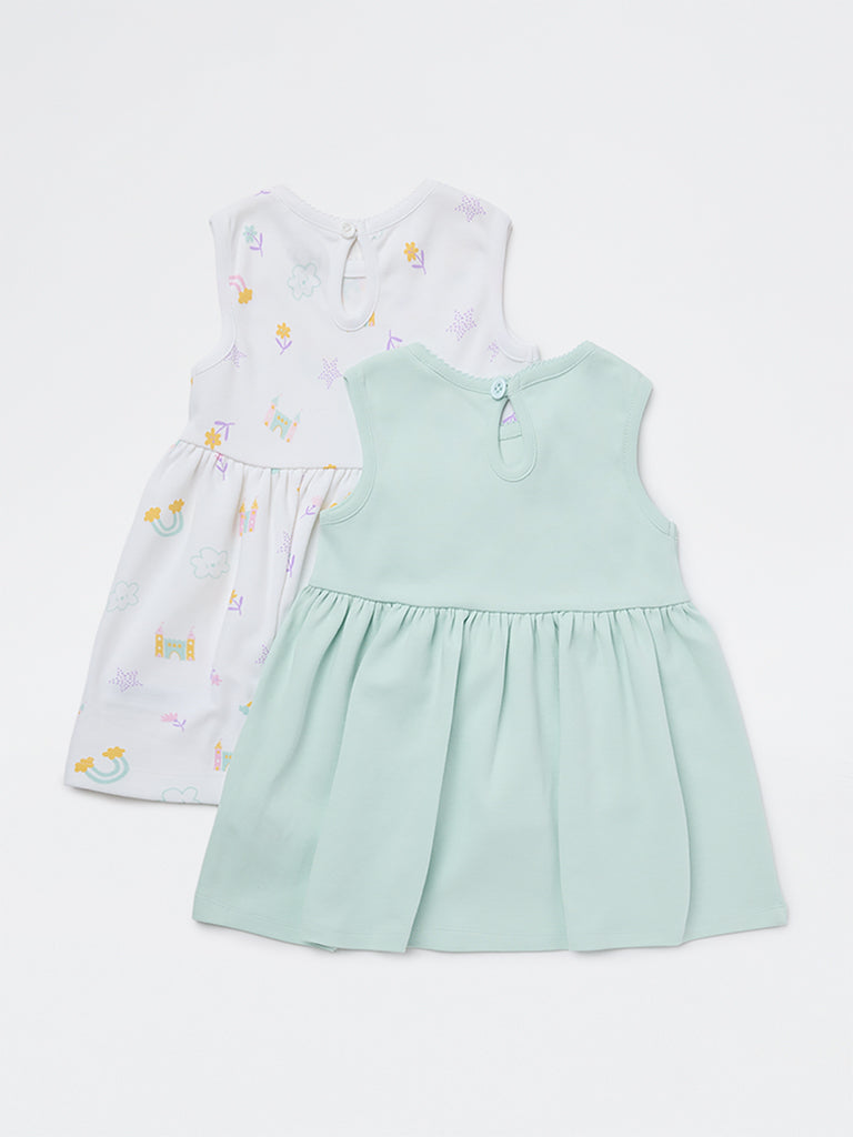 HOP Baby Girls Multicolour Printed A-Line Cotton Dress - Pack of 2