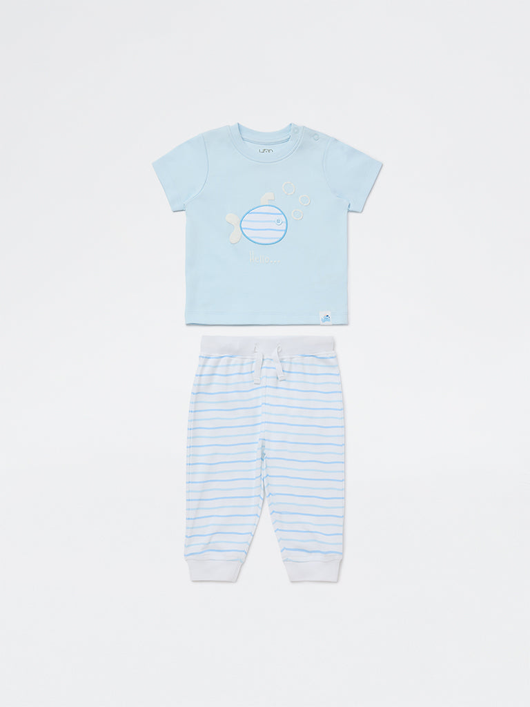 HOP Baby Boys Blue Printed Cotton T-Shirt and Joggers Set
