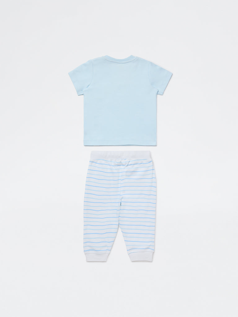 HOP Baby Boys Blue Printed Cotton T-Shirt and Joggers Set