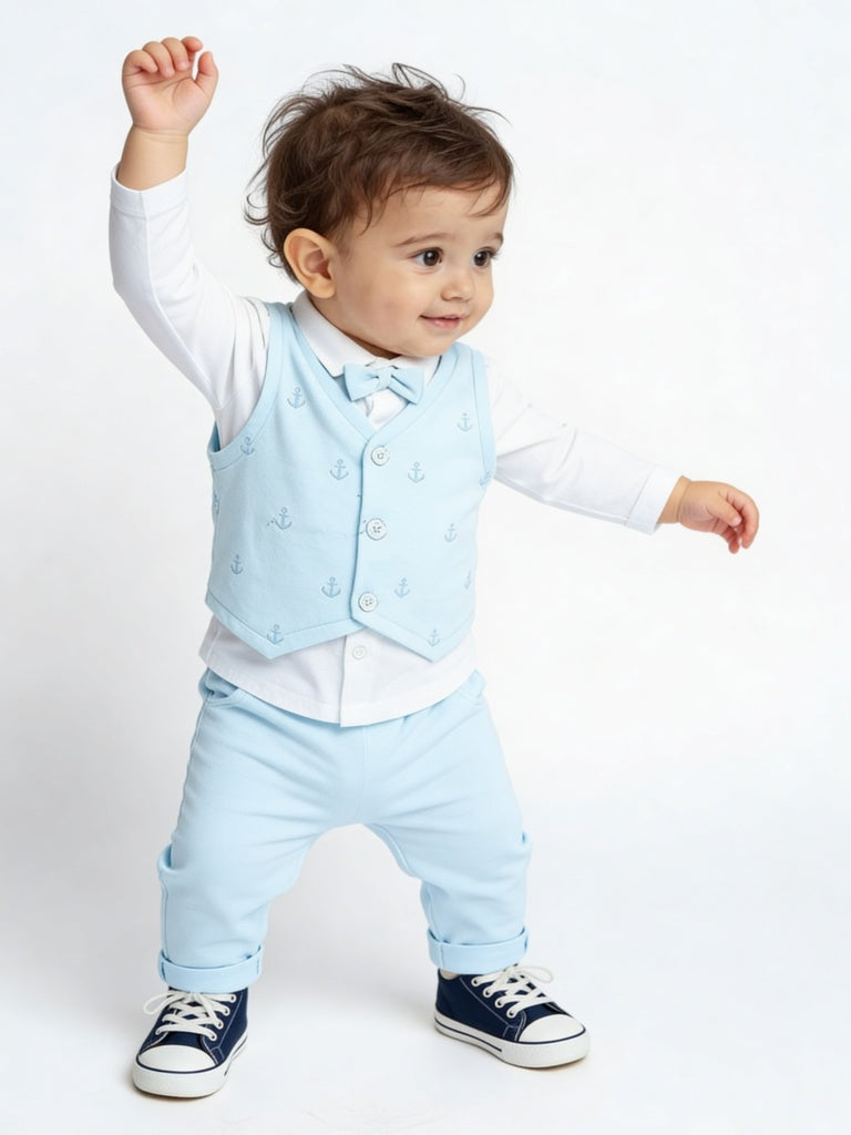 HOP Baby Boys Blue Embroidered Cotton Waistcoat, Shirt, Trousers and Bow Set
