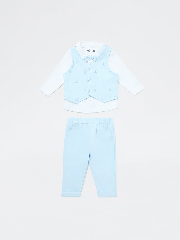 HOP Baby Boys Blue Embroidered Cotton Waistcoat, Shirt, Trousers and Bow Set