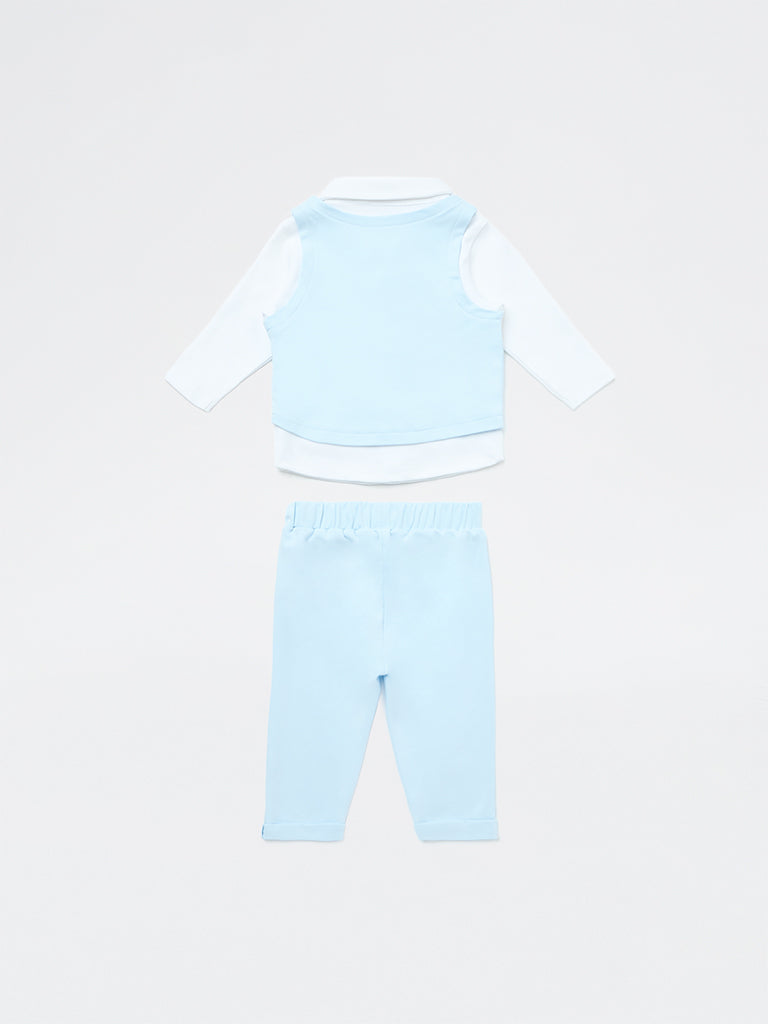 HOP Baby Boys Blue Embroidered Cotton Waistcoat, Shirt, Trousers and Bow Set