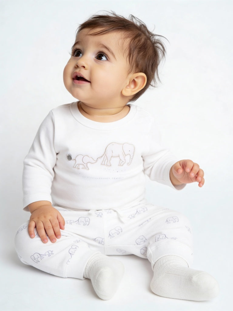 HOP Baby Boys White Animal Design Cotton T-Shirt and Joggers Set