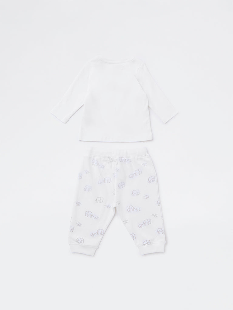 HOP Baby Boys White Animal Design Cotton T-Shirt and Joggers Set