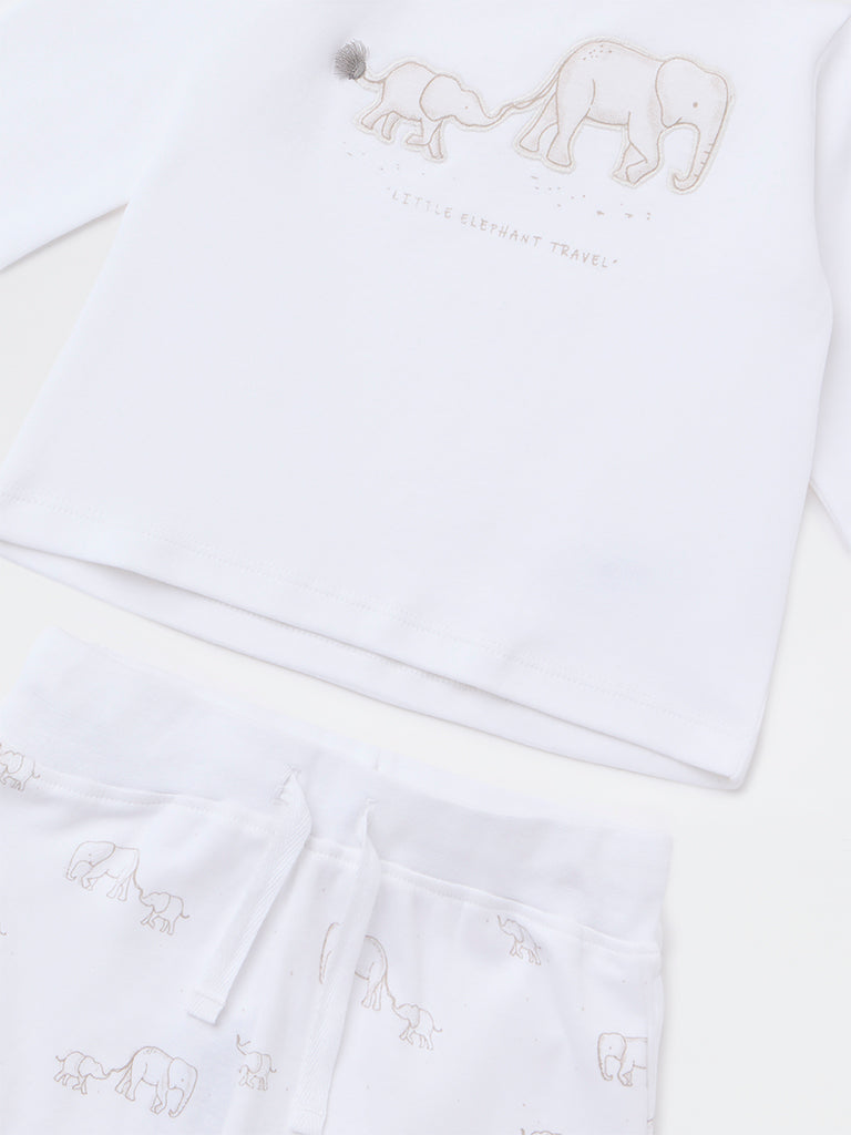 HOP Baby Boys White Animal Design Cotton T-Shirt and Joggers Set