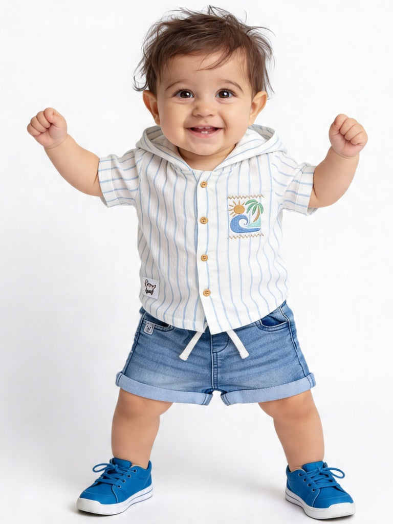 HOP Baby Boys Blue Washed Regular Fit Denim Shorts