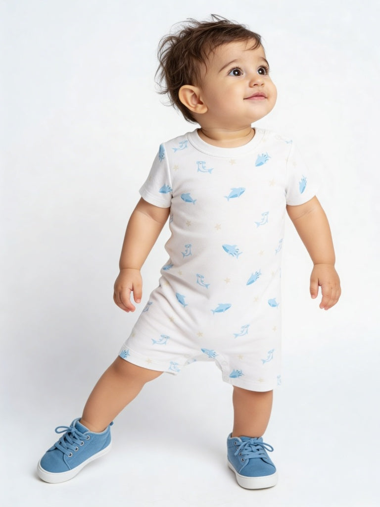HOP Baby Boys Blue Printed Cotton Romper - Pack Of 3