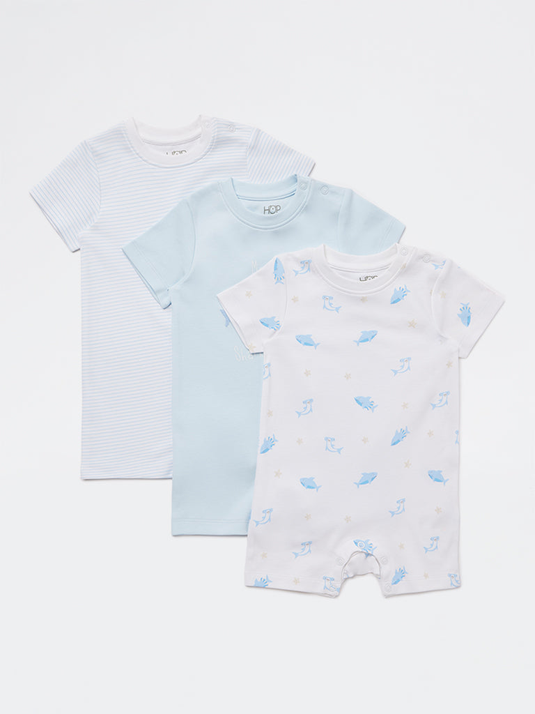 HOP Baby Boys Blue Printed Cotton Romper - Pack Of 3
