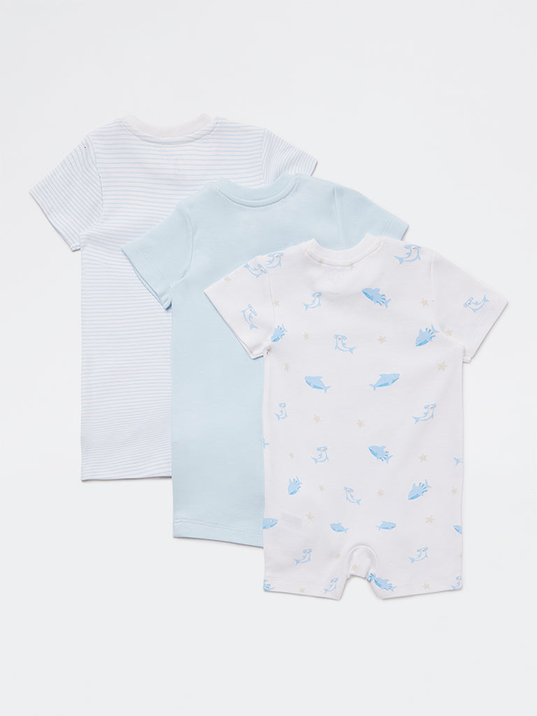 HOP Baby Boys Blue Printed Cotton Romper - Pack Of 3