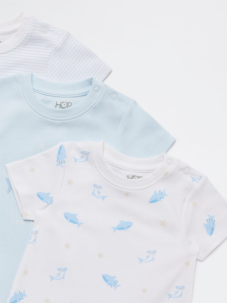HOP Baby Boys Blue Printed Cotton Romper - Pack Of 3