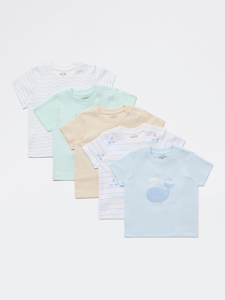 HOP Baby Boys Multicolour Printed Cotton T-Shirt - Pack Of 5