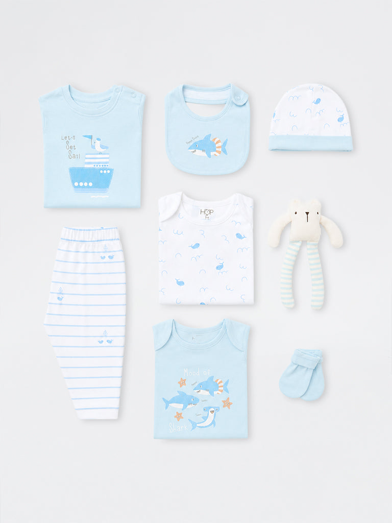 HOP Baby Boys Light Blue Sea-Life Inspired Baby Cotton Gift Set