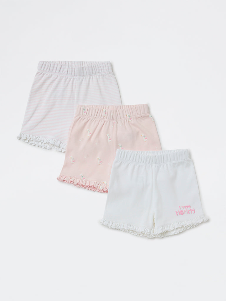 HOP Baby Girls Pink Printed High-Rise Cotton Shorts - Pack of 3