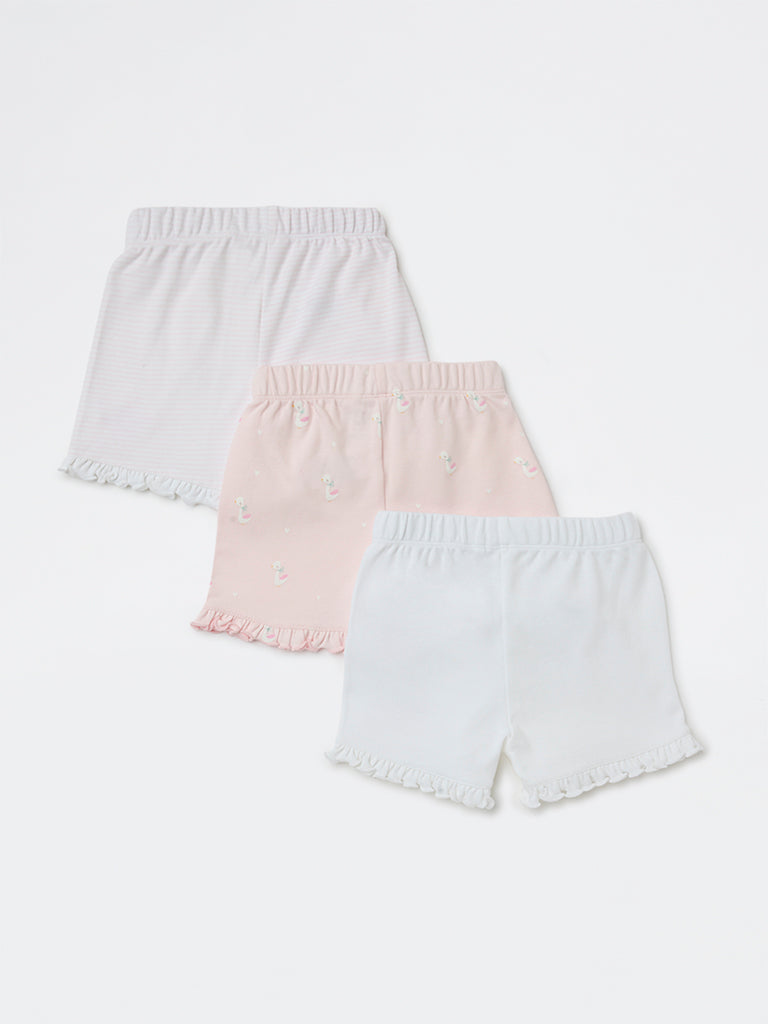 HOP Baby Girls Pink Printed High-Rise Cotton Shorts - Pack of 3