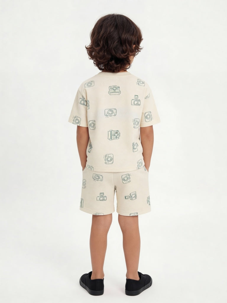 HOP Kids Boys Cream Printed Cotton Co-ord Set