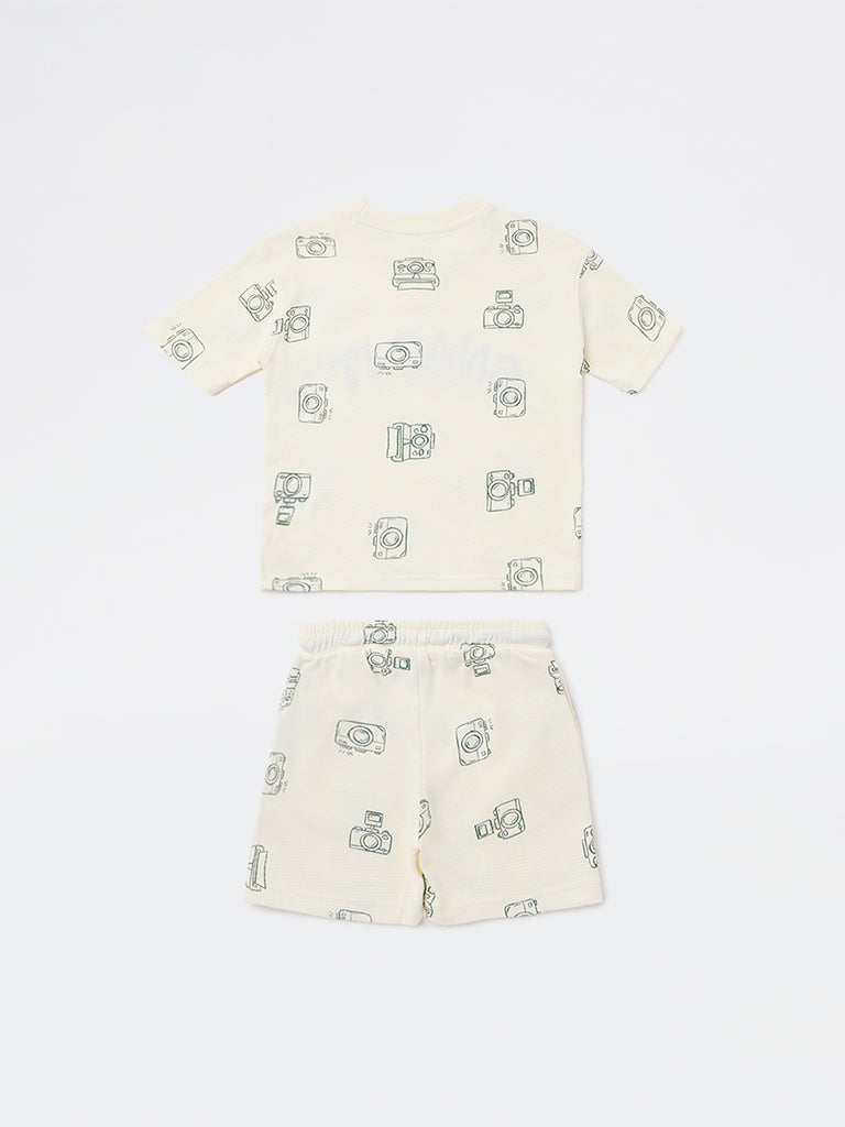 HOP Kids Boys Cream Printed Cotton Co-ord Set
