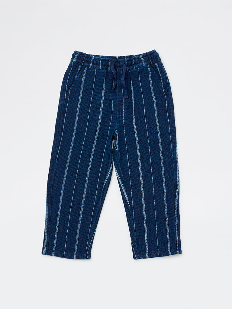 HOP Kids Boys Navy Striped Mid-Rise Cotton Trousers