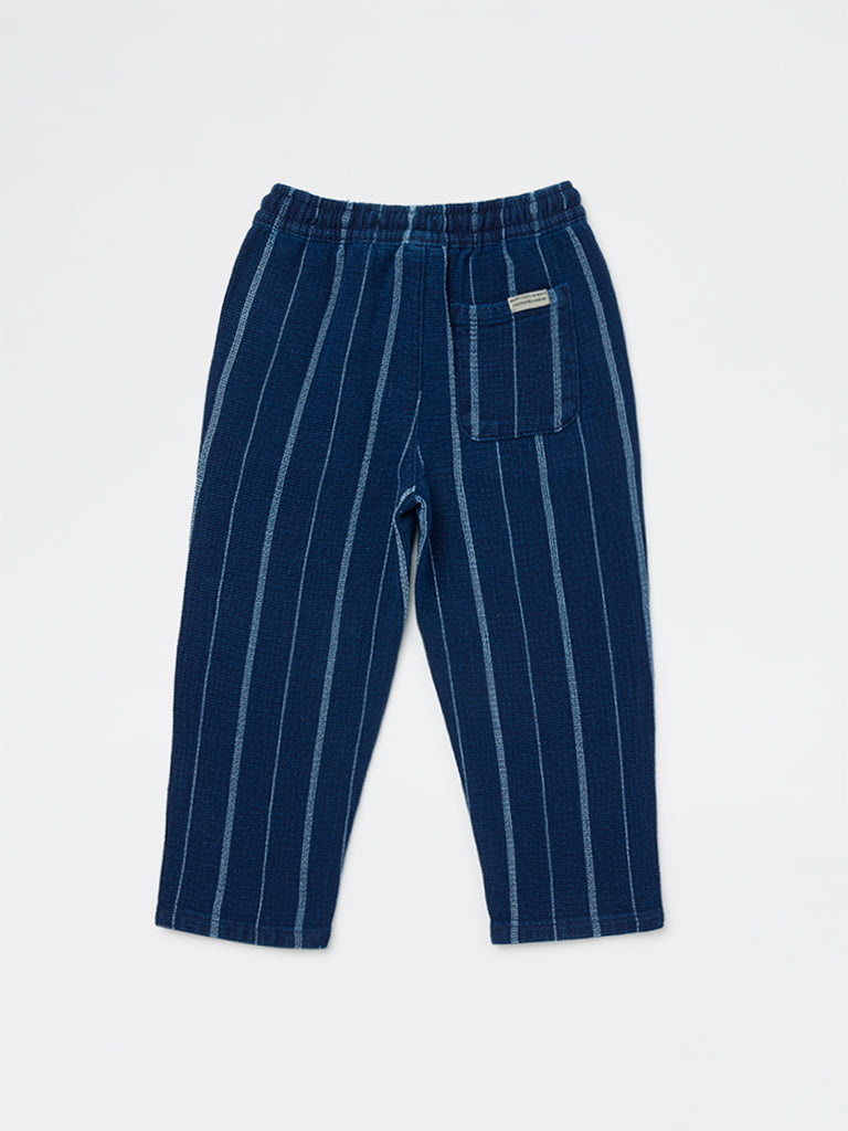 HOP Kids Boys Navy Striped Mid-Rise Cotton Trousers