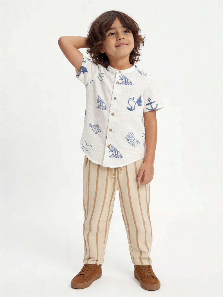 HOP Kids Boys Mustard Striped Mid-Rise Cotton Trousers