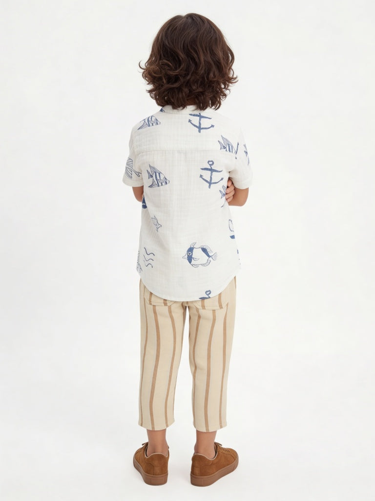 HOP Kids Boys Mustard Striped Mid-Rise Cotton Trousers