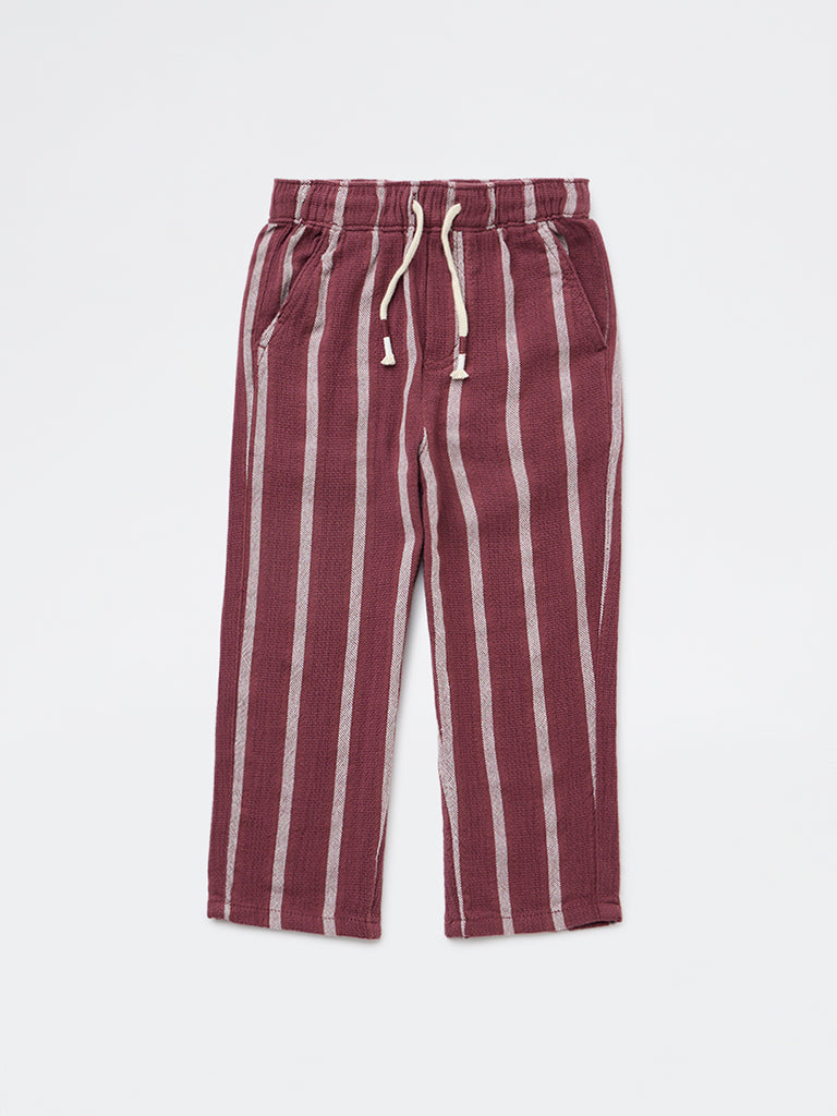 HOP Kids Boys Dusty Rose Striped Mid-Rise Cotton Trousers