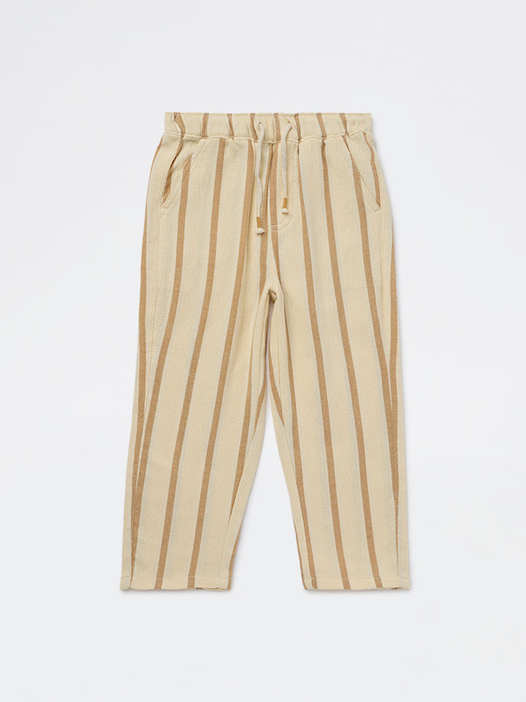 HOP Kids Boys Mustard Striped Mid-Rise Cotton Trousers