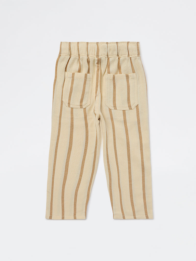 HOP Kids Boys Mustard Striped Mid-Rise Cotton Trousers