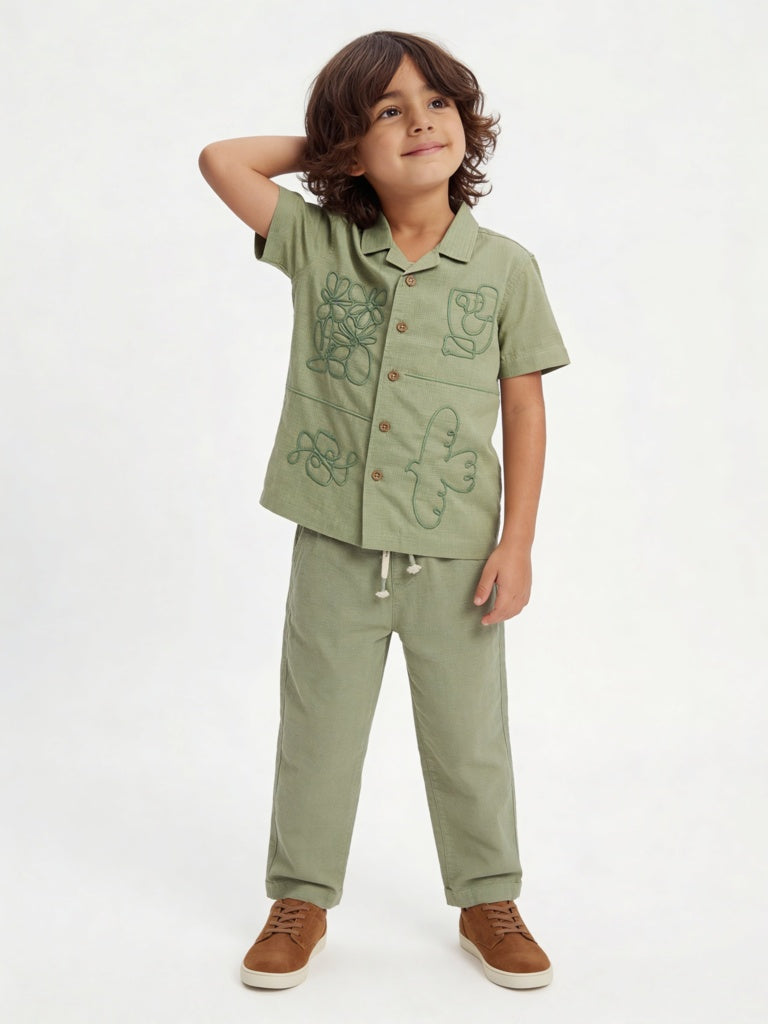HOP Kids Boys Sage Solid Mid-Rise Cotton-Blend Trousers