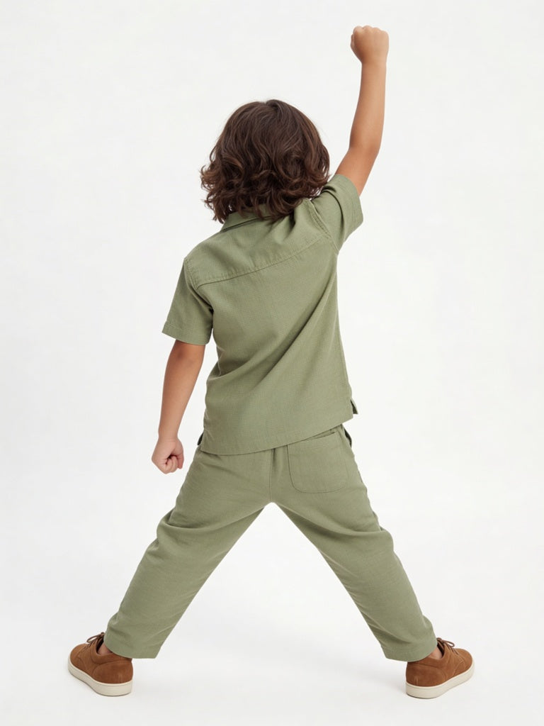 HOP Kids Boys Sage Solid Mid-Rise Cotton-Blend Trousers