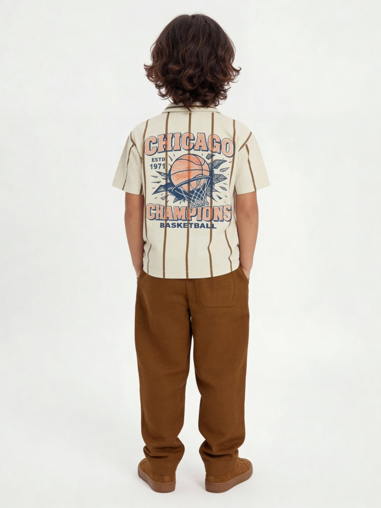 HOP Kids Boys Dark Brown Solid Relaxed-Fit Mid-Rise Cotton Trousers