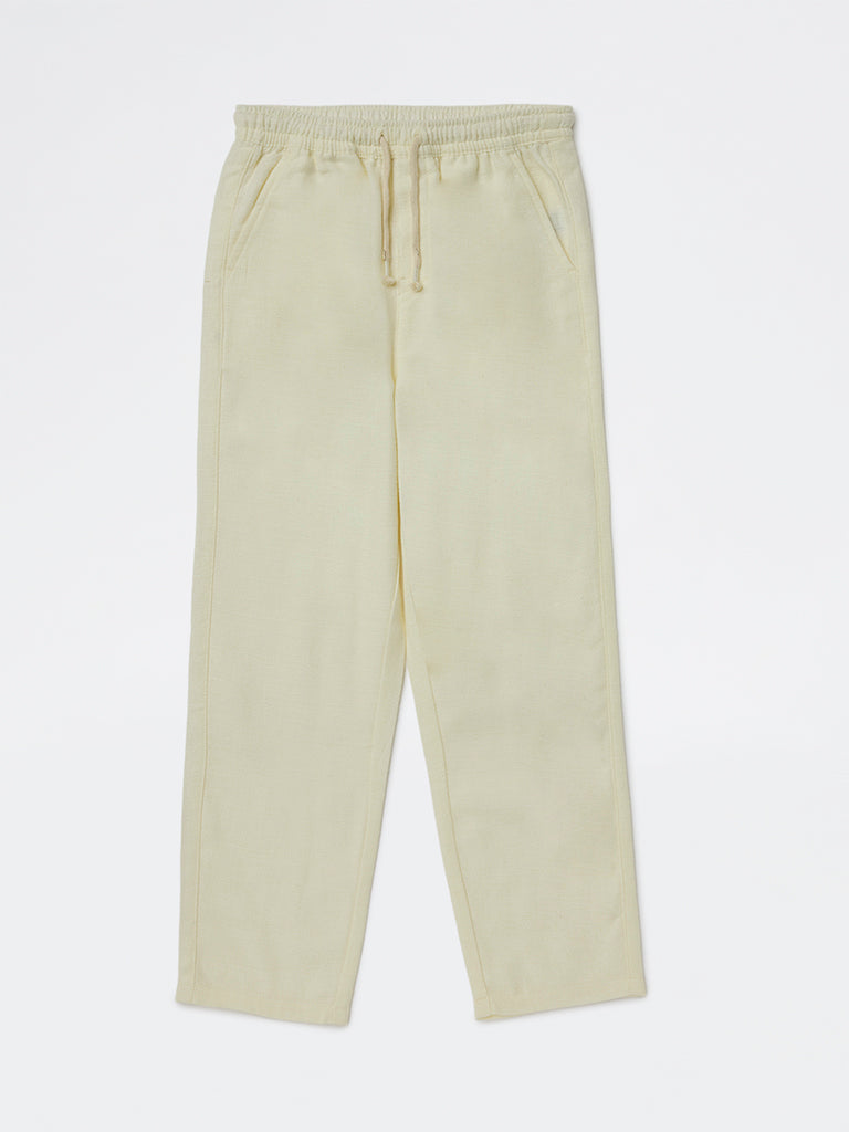 HOP Kids Boys Cream Solid Relaxed-Fit Mid-Rise Cotton-Blend Trousers