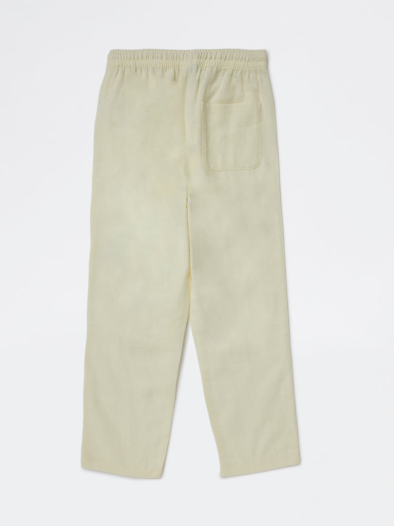HOP Kids Boys Cream Solid Relaxed-Fit Mid-Rise Cotton-Blend Trousers