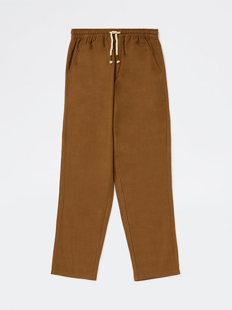 HOP Kids Boys Dark Brown Solid Relaxed-Fit Mid-Rise Cotton Trousers