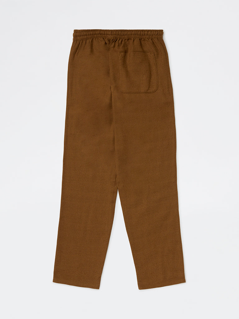 HOP Kids Boys Dark Brown Solid Relaxed-Fit Mid-Rise Cotton Trousers