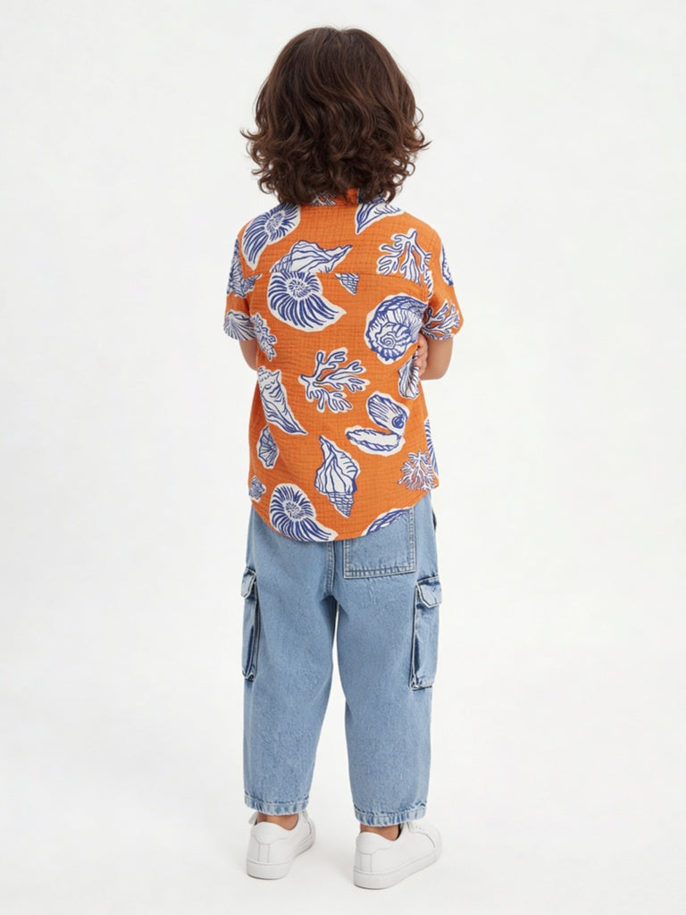 HOP Kids Boys Orange Printed Cotton Shirt